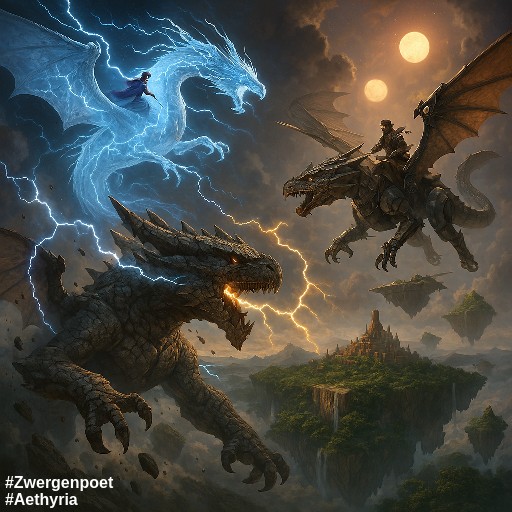 Links ein gewaltiger Erddrache, rechts ein Drache mit mechanischen Gliedmaßen und ein ätherisches Drachenwesen, aus dem Blitze zucken. Sie bestreiten über einer Insellandschaft ein Wettrennen unter zwei Sonnen.