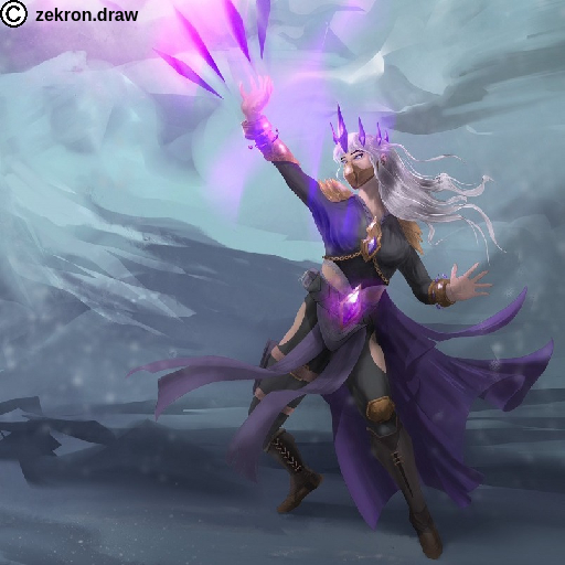 Eine Frau mit langem silbernen Haar schießt violette Kristalle aus ihrer Hand Richtung Himmel. Artwork by zekron.draw auf Instagram.