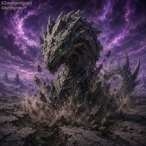 Ein gewaltiger Steindrache mit smaragdgrünen Augen bricht aus einer grauen Felslandschaft hervor. Um ihn wirbeln Staub und Gesteinsbrocken unter einem violett leuchtenden Himmel der Drachenebene.