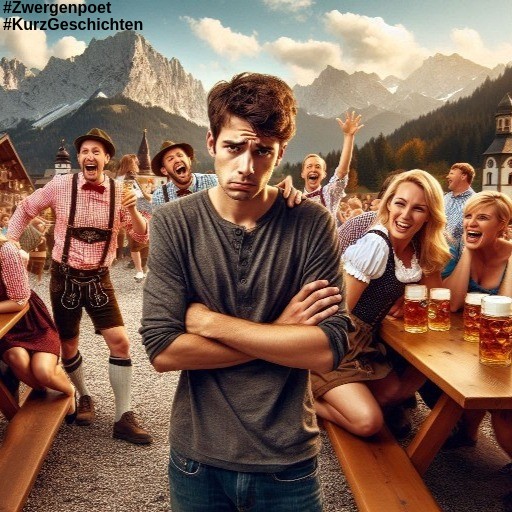 Bayrische Feierlichkeiten vor einem Bergpanorama. Vorn im Bild steht ein junger Mann, dem das gar nicht gefällt.
