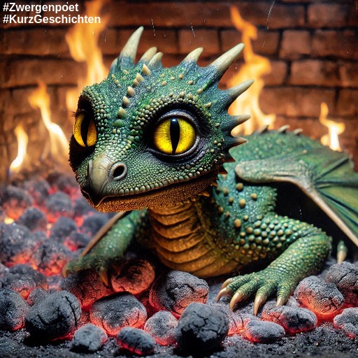 Ein weiblicher, grün geschuppter Baby-Drache mit sonnengelben Reptilien-Augen und einem schnabelartigen Maul liegt in einem Kamin mit glimmenden Kohlen.