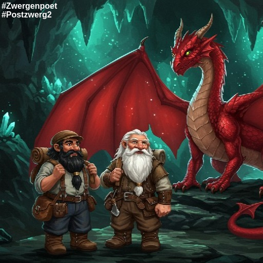 Zwei Zwerge und ein roter Drache in einer leuchtenden Kristallhöhle.