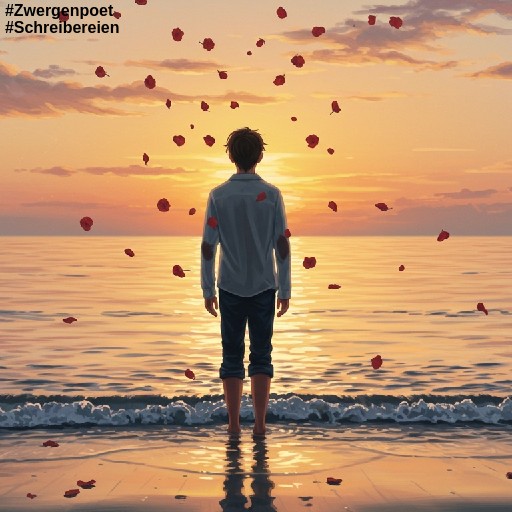 Ein junger Mann steht am Ufer eines ruhigen Meeres bei Sonnenuntergang. Rote Rosen fallen sanft vom Himmel auf ihn herunter.