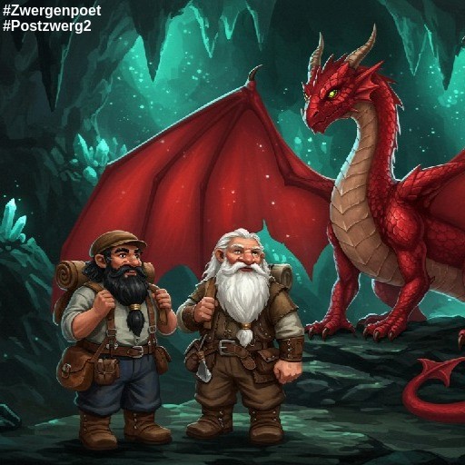 Zwei Zwerge und ein roter Drache in einer leuchtenden Kristallh&ouml;hle.