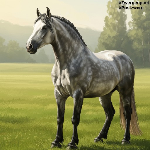 Das kr&auml;ftige Brabanter-Pony Alfred mit grauem Fell, dunkler M&auml;hne und dunklen Beinen. Es steht auf einer Weide mit Birken im Hintergrund.