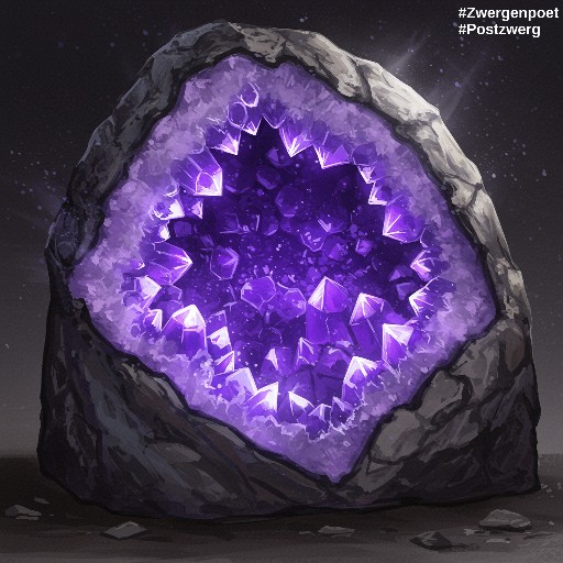 Eine aufgebrochene Geode mit leuchtend violetten Kristallen im Inneren. Sie steht sinnbildlich für die geheimnisvolle Kristallh&ouml;hle.