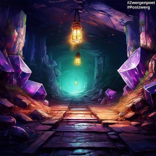 Ein alter Minenstollen, in dem violette Kristalle aus dem Boden wachsen. Von der Decke h&auml;ngen Laternen, w&auml;hrend das Ende des Tunnels in gr&uuml;nlichem Licht schimmert.