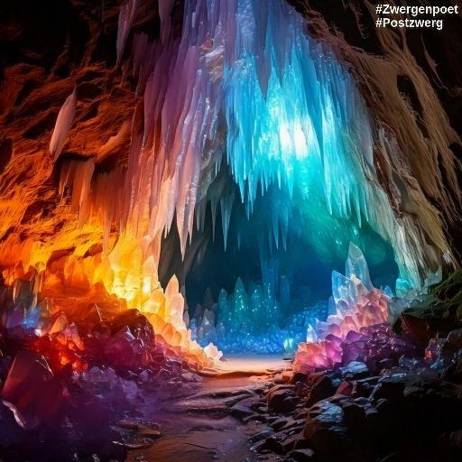 Eine H&ouml;hle mit farbig leuchtenden Kristallen an W&auml;nden, Boden und Decke. Das Licht taucht die Kaverne in Gelb-, Orange-, Rot-, Violett-, Blau- und Gr&uuml;nt&ouml;ne.