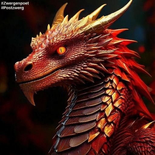 Das Portrait eines jungen Drachen mit rotgoldenen Schuppen, bernsteinfarbenen Augen und markanten H&ouml;rnern.