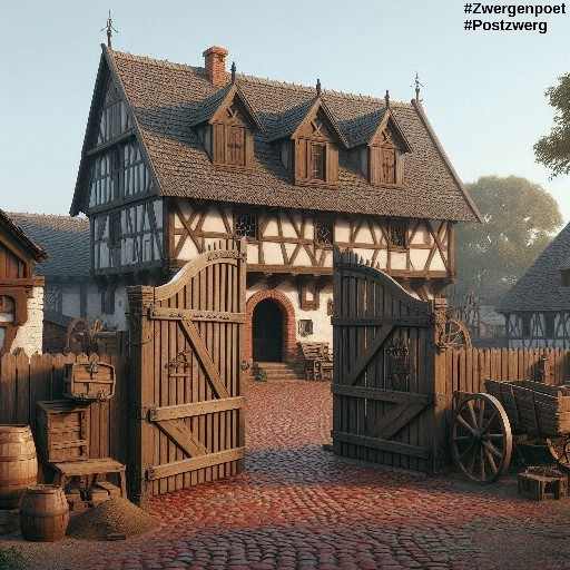 Der rechte Fl&uuml;gel eines schweren Holztores steht offen. Auf der anderen Seite des Hofes steht ein Fachwerkhaus.