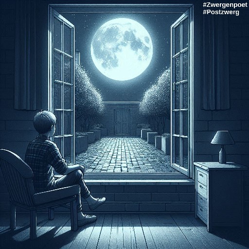 Ein Junge sitzt nachts an einem ge&ouml;ffneten Fenster. Draußen erhellt der Vollmond den gepflasterten Hof.