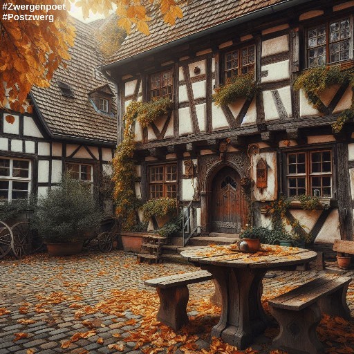 Vor einem Fachwerkhaus stehen ein rustikaler Holztisch und zwei B&auml;nke. Herbstlaub bedeckt den gepflasterten Hof und verleiht der Szene eine ruhige Atmosph&auml;re.