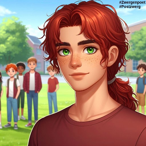 Ein Junge mit gr&uuml;nen Augen, die langen r&ouml;tlichen Haare zum Pferdeschwanz gebunden, steht auf einer Wiese. Im Hintergrund warten mehrere Kinder auf ihren neuen Spielkameraden.