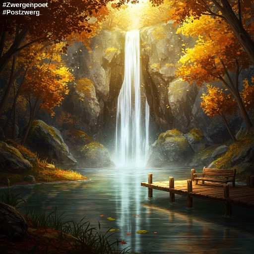 Aus dem herbstlichen Wald ragt eine Felswand, von der ein Wasserfall etwa zehn Meter in die Tiefe st&uuml;rzt und einen kleinen See bildet. Am Ufer befinden sich eine h&ouml;lzerne Aussichtsplattform und Sitzb&auml;nke.