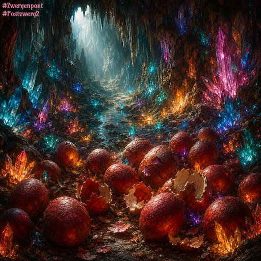 Eine H&ouml;hle mit leuchtenden Kristallen in verschiedenen Farben. Auf dem Boden liegen zahlreiche r&ouml;tliche, geschuppte Dracheneier, von denen einige bereits aufgebrochen sind.
