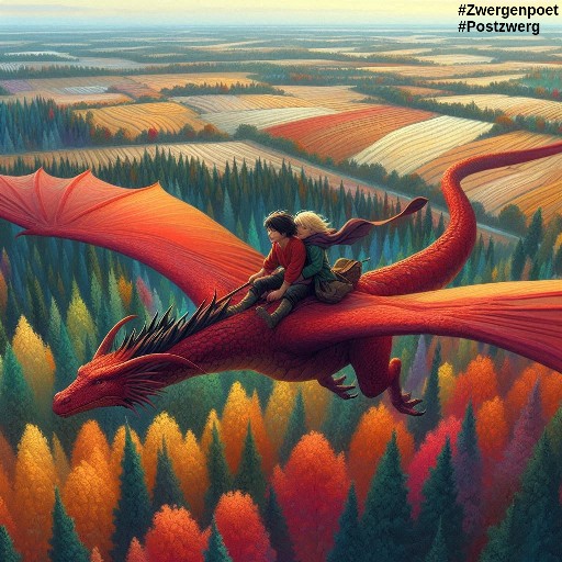 Zwei Kinder sitzen auf dem R&uuml;cken eines roten Drachen. Mit ihm fliegen sie &uuml;ber die bunten Baumwipfel des herbstlichen Waldes und die Stoppel&auml;cker der umliegenden Felder.