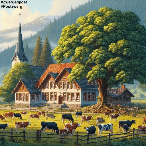Eine Dorfschule auf dem Land, daneben steht ein gro&szlig;er Kastanienbaum. Auf der Weide davor grasen zahlreiche K&uuml;he und im Hintergrund erheben sich bewaldete Berge.