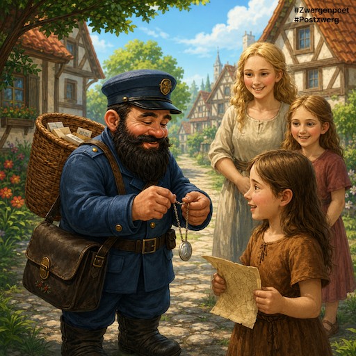 Der Postzwerg zeigt den beiden M&auml;dchen und ihrer Mutter einen silbernen Anh&auml;nger, den sie neugierig beobachten. Elisa h&auml;lt ein alt wirkendes Blatt Papier in ihren H&auml;nden.
