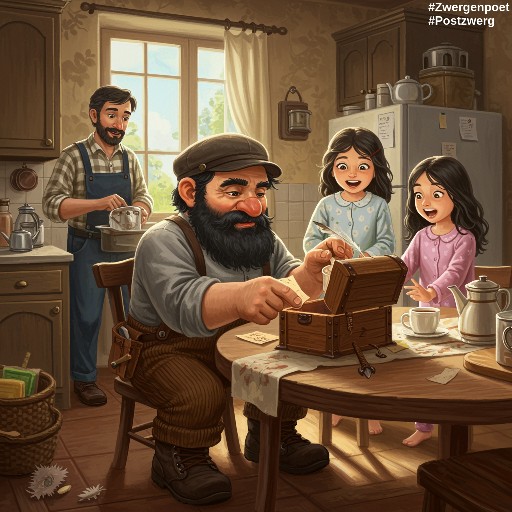 Daril untersucht am K&uuml;chentisch der Familie die kleine Holztruhe n&auml;her, w&auml;hrend Elisa und Vanessa neugierig zuschauen und ihr Vater im Hintergrund steht.