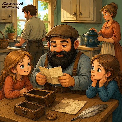 Elisa und Vanessa h&ouml;ren dem Zwerg beim Vorlesen des alten Briefes aus der kleinen Holztruhe zu, w&auml;hrend ihre Eltern im Hintergrund besch&auml;ftigt sind.