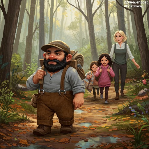 Der Postzwerg f&uuml;hrt die kleine Wandergruppe mit Elisa, Vanessa und ihrer Mutter auf einem Waldweg durch den fr&uuml;hlingshaften Mischwald.