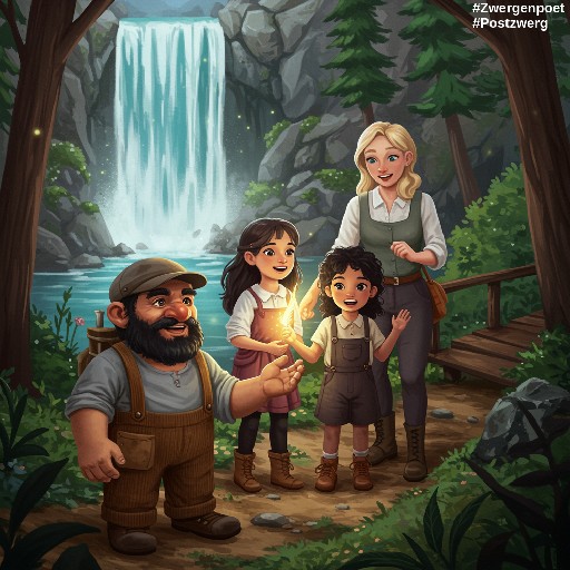 Der Postzwerg, Elisa, Vanessa und Katja benutzen an einem Wasserfall die verzauberte Taubenfeder.