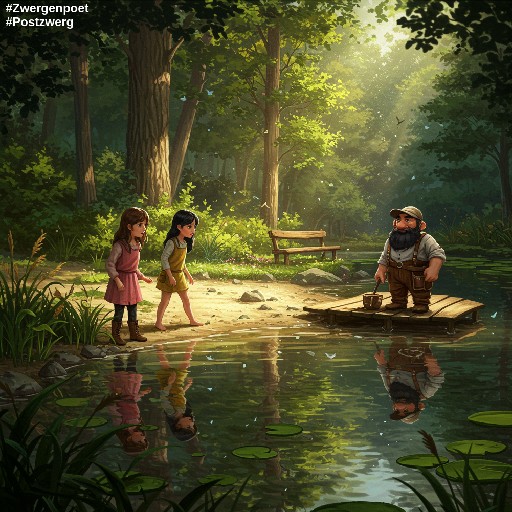 Elisa, Vanessa und der Postzwerg stehen an einem ruhigen Waldsee, dessen Wasser die Umgebung wie magisch widerspiegelt. Ein Holzsteg ragt vom Ufer in den See hinein.