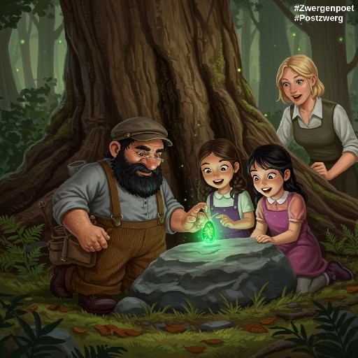 Der Postzwerg, Elisa, Vanessa und Katja stehen vor einer Steinplatte, wo ein gr&uuml;n leuchtendes Medaillon einen verborgenen Mechanismus aktiviert.