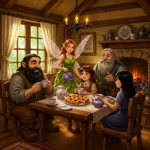Daril, Elisa und Vanessa sitzen am Esstisch. Yara, die Fee, schenkt Tee ein und Fargal steht daneben am Kamin. Gemeinsam lassen sie das Abenteuer bei Tee und Kuchen ausklingen.