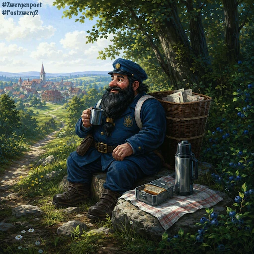 Der Postzwerg Daril macht am Rand des Blaubeerforsts eine Mittagspause. Neben seiner Kiepe mit Briefen stehen eine Thermoskanne und eine Brotdose auf einem Küchentuch, während er zum Dorf hinüberblickt.
