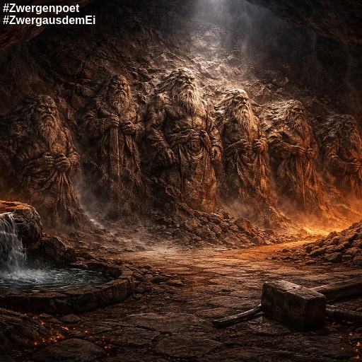Sechs der sieben Stammv&auml;ter der Zwerge entstehen in einer H&ouml;hle, umgeben von Feuer, Wasser und rohem Gestein.