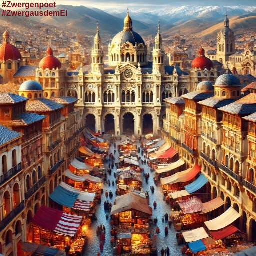 Ein orientalisch anmutender Marktplatz, an dessen Ende ein weißes Hauptgeb&auml;ude steht.