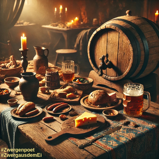 Ein rustikaler Holztisch, auf der mit Brot, Wurst, K&auml;se und Biergl&auml;sern gedeckt ist. Daneben steht ein aufgebocktes Bierfass mit einem Zapfhahn.
