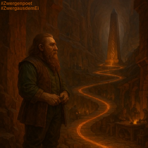 Ein Zwerg steht auf einem sich windenden Weg, der zu einem Obelisken f&uuml;hrt.