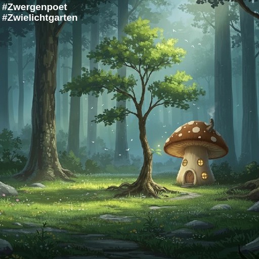 Eine Waldlichtung in der Morgend&auml;mmerung, sanftes Licht dringt durch die B&auml;ume. Ein kleines Pilzhaus mit brauner Kappe steht am Rand. In der Mitte eine junge Esche als Lebensbaum, zarte Feenlichter schimmern im Hintergrund.