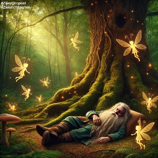 Ein wei&szlig;haariger Zwerg liegt am hellen Tag schlafend unter einem alten Baum. Kleine Feen fliegen um ihn herum.