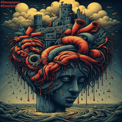 Eine Insel im symbolischen Meer der Tränen bildet den Kopf einer Frau, aus dem sich ein märchenhaftes Schloss in den Wolken erhebt.