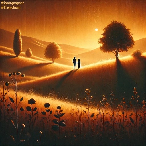Ein Paar spaziert durch eine hügelige Wiesenlandschaft im warmen Licht eines orangefarbenen Sonnenuntergangs.