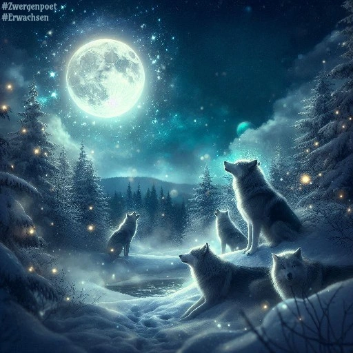 Ein Rudel von fünf Wölfen, das sich in einer hellen Vollmondnacht in einem verschneiten Wald aufhält.