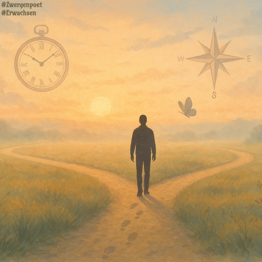 Eine Person steht an einer Weggabelung im Morgenlicht. Eine Taschenuhr und eine Windrose schweben symbolisch am Himmel.