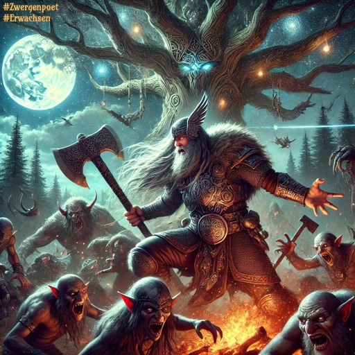 Ein altgermanischer Kämpfer stellt sich mit seiner Streitaxt einer Horde Goblins und einem Troll entgegen.