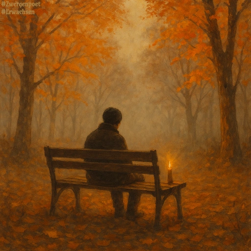 Eine Person sitzt im Herbst auf einer Parkbank, auf der eine Kerze etwas Licht spendet.