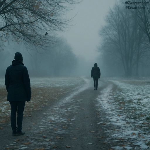 Ein winterlicher Feldweg, gesäumt von kahlen Bäumen. Eine Person bleibt stehen, eine andere geht weiter.