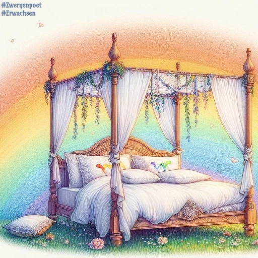 Ein Himmelbett mit weißem Bettzeug, das auf einer Wiese steht. Dahinter leuchtet ein Regenbogen.