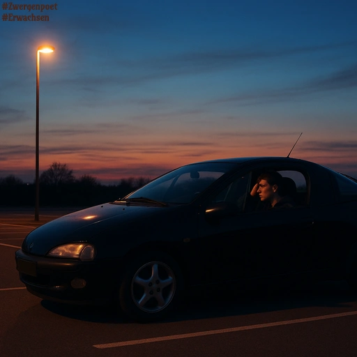 Ein junger Mann sitzt auf einem verlassenen Parkplatz während der Abenddämmerung in einem schwarzen Auto.