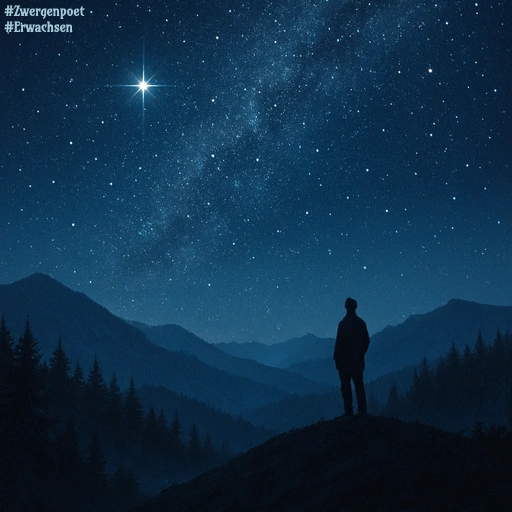 Sternenhimmel in einer bergigen, bewaldeten Landschaft, an dem ein Stern besonders hell leuchtet. Nur die Silhouette eines einzelnen Mannes ist auf einem Hügel auszumachen.