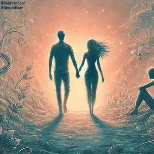 Ein Paar geht Hand in Hand durch eine traumhafte Landschaft dem warmen Licht entgegen. Bl&uuml;ten und Wurzeln s&auml;umen ihren Weg, w&auml;hrend am Bildrand eine einzelne Person im Schatten sitzt.