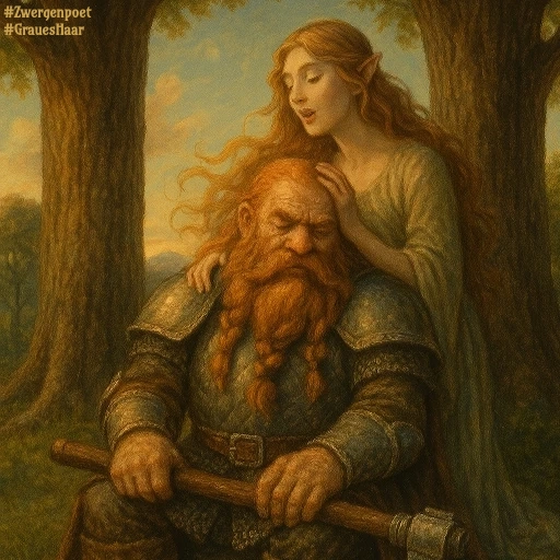 Ein Zwerg sitzt auf einem Baumstumpf und h&auml;lt seine Streitaxt in den H&auml;nden. Hinter ihm kniet eine rotblonde Elfin und streicht ihm liebevoll &uuml;ber den Kopf.