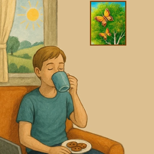 Ein junger Mensch sitzt mit einer Tasse Tee und einem Teller Pl&auml;tzchen in einem Sessel. Neben ihm liegt ein Laptop, w&auml;hrend durch das Fenster die Sonne scheint.