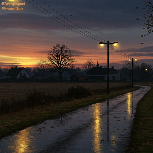 Abenddämmerung im späten Herbst. Auf den Wiesen und am Straßenrand liegt Laub. Die Wege glänzen feucht im Licht zweier Straßenlaternen.